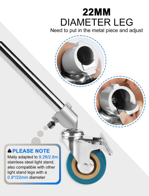 Professional Light Stand Wheels Set 0.9 Inch 22mm Diameter Swivel Casters with Rubber Wheels and Foot Brake Lock