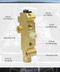 Front view of brass PV2 proportioning valve for disc/drum brake system, with mounting holes and multiple threaded ports.