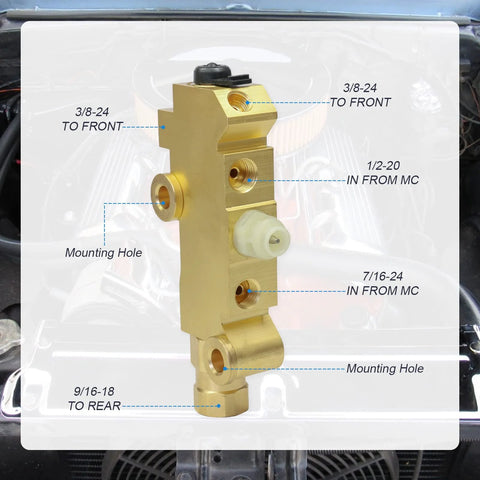 Front view of brass PV2 proportioning valve for disc/drum brake system, with mounting holes and multiple threaded ports.