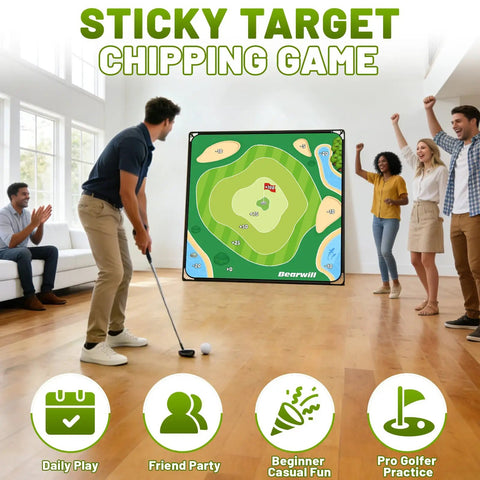Epic Backyard Golf Chipping Game For Adults set up indoors with players, featuring 70x70 inch mat and 32 Velcro balls.