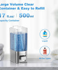 Clear wall mounted soap dispenser with 17 oz capacity holds liquid gel shampoo sanitizer, easy to refill and use.
