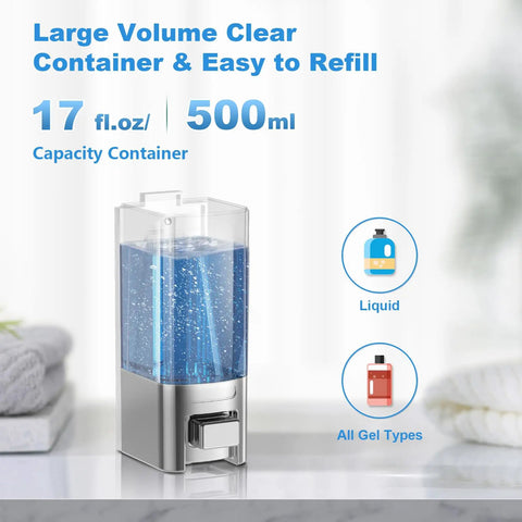 Clear wall mounted soap dispenser with 17 oz capacity holds liquid gel shampoo sanitizer, easy to refill and use.