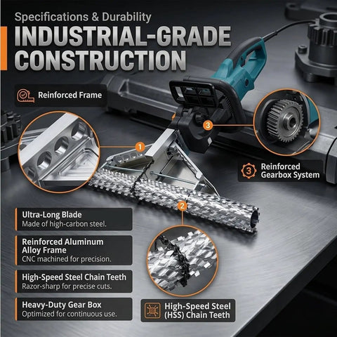 Heavy Duty Foam Planer Saw Works Like A Charm For Open Closed Cell Insulation Trimming With 1800W Motor showcasing chain teeth and reinforced frame.