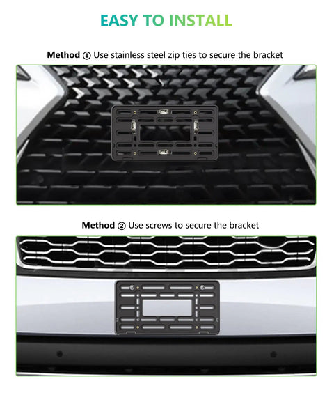 Front License Plate Bracket Mounting Kit for bumpers with anti theft hardware and stainless steel zip ties shown installed
