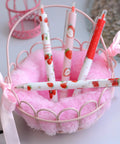12 Pack Cute Strawberry Gel Pens Set Retractable 0.5mm Black Ink Pocket Size 5.7 Inch Totally Cute Strawberry Design in pink basket