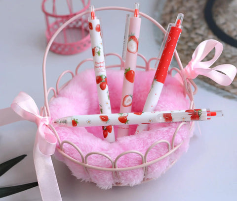12 Pack Cute Strawberry Gel Pens Set Retractable 0.5mm Black Ink Pocket Size 5.7 Inch Totally Cute Strawberry Design in pink basket