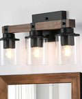 Four Light Wood Vanity Light Fixture Over Mirror With Dope Clear Glass Shades And Matte Black Metal, Farmhouse Rustic Vanity Sconce