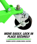 Rubber-coated locking swivel caster on Beefy 1 Ton Transmission Jack With High Lift Range 37.5 To 76 Inches For Trucks And SUVs