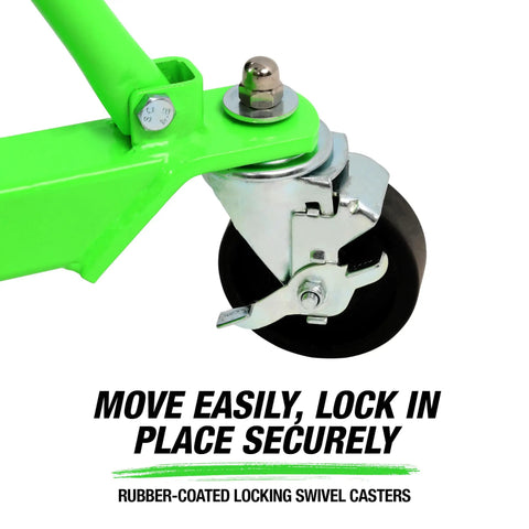 Rubber-coated locking swivel caster on Beefy 1 Ton Transmission Jack With High Lift Range 37.5 To 76 Inches For Trucks And SUVs