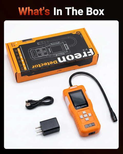 Rechargeable Refrigerant Leak Detector With Japanese Sensor, Three Sensitivity Levels, TFT Display, Three Alarm Modes, AC Gas Sniffer For R134a R410A R22 R1234YF R32, Pro Grade HVAC Tool with box, USB-C cable, and charger