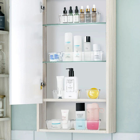 Sweet Clear Drawer Organizers, Slick Non Toxic Plastic Bins For Makeup And Vanity Gear, display in cabinet with skincare products.