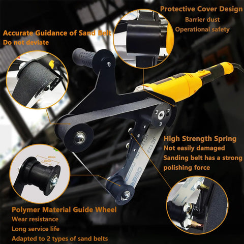 Pro Grade Heavy Hitter Pipe Tube Polisher Sander With 1280W Motor And Six Adjustable Speeds close-up of adjustable sanding guide for precise metal finishing.