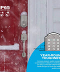 Brushed nickel front door lockset combo with digital deadbolt, keypad entry, and handle in snowy weather. IP65 certified.