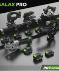 Set of Galax Pro 20V cordless power tools with two batteries showcased on a platform.