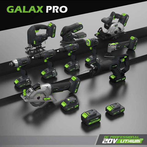 Galax Pro 20V lithium cordless tool set with multiple drill drivers, saws, and batteries displayed on a black surface.