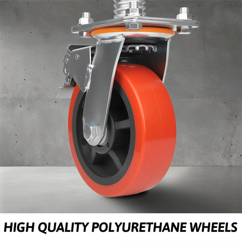 4 Pack 6 Inch Leveling Scaffolding Wheels With 360 Degree Rotating Casters And Dual Locks, side view of orange polyurethane wheel.