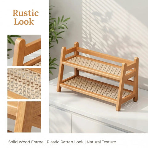 Two Tier Coffee Station Organizer With Bamboo Mug Holder For Countertop Rustic Vintage Mug Rack For Kitchen Farmhouse Style Tea Coffee Cup Display And Storage, showing a natural bamboo rack with lattice design.