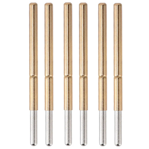 Top Shelf 2.5Mm Round Pogo Pins With Stainless Steel Spring Loaded Test Probes for circuit soldering, showing brass and stainless steel detail.