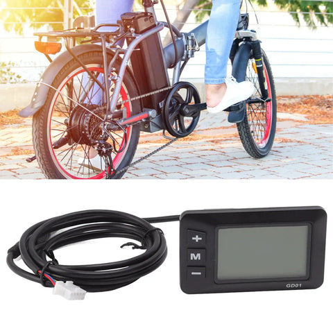 GD01 Electric Bike Dashboard Meter With LCD Screen For 22.2mm Handlebar shown with bike and rider