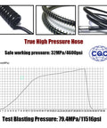 High pressure hose details for Heavy Duty Paintball And Airsoft Tank Fill Station With 37 Inch Hose Stainless Steel Build DIN Thread Five Eighth BSPP High Pressure 4600 PSI HPA Refill Connector For Safe, Easy Refills, with pressure chart and CQC logo.