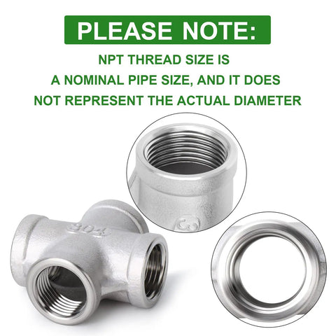 Stainless Steel 4 Way Pipe Fittings 1 Inch X 1 Inch X 1 Inch X 1 Inch NPT Female Threads 304 Grade shown with threaded detail
