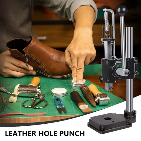 Rock Solid 640kg Manual Arbor Press With Adjustable Height And Ductile Cast Iron Base, Heavy Duty Benchtop Leather Punch in use on leather.