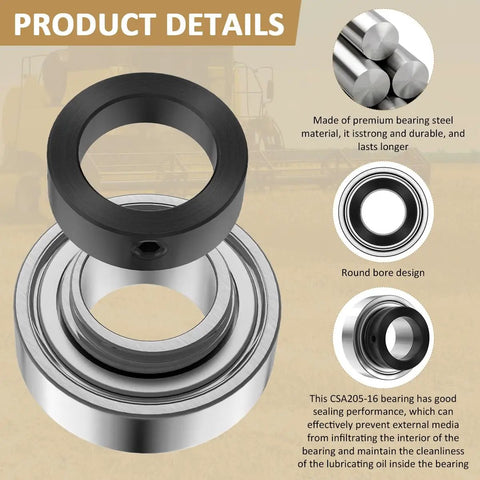 CSA205-16 Insert Bearing With Eccentric Locking Collar And Trash Guard Seals, 1 Inch Bore, 52mm OD, 31mm Wide, Pre-Filled NLGI-2 Grease, Heavy-Duty Farm Machinery Replacement Bearing, steel bearing with round bore