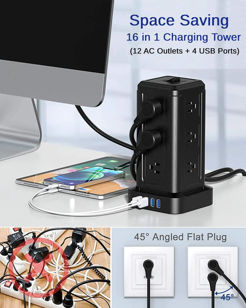 12 Outlet Surge Protector Power Strip With 4 USB Ports And A 10 Foot Cord in use on desk with charging devices