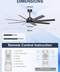 60 Inch Ceiling Fan No Light Modern Black With 8 Blades Remote App Control DC Motor Outdoor Fan dimensions and remote instructions