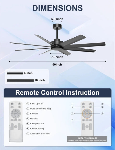 60 Inch Ceiling Fan No Light Modern Black With 8 Blades Remote App Control DC Motor Outdoor Fan dimensions and remote instructions