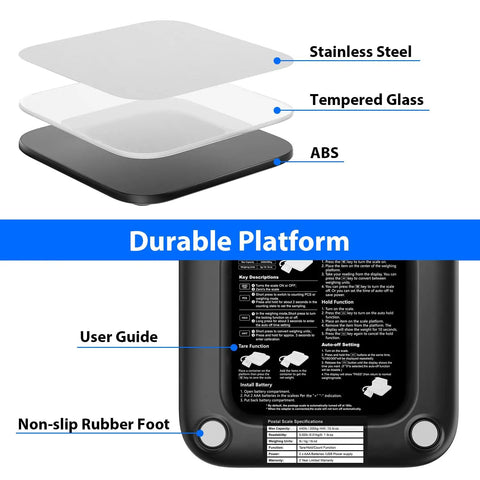 Rock Solid Digital Shipping Scale With Dead On Point 440lb Capacity and Easy Read Display, featuring stainless steel and tempered glass.