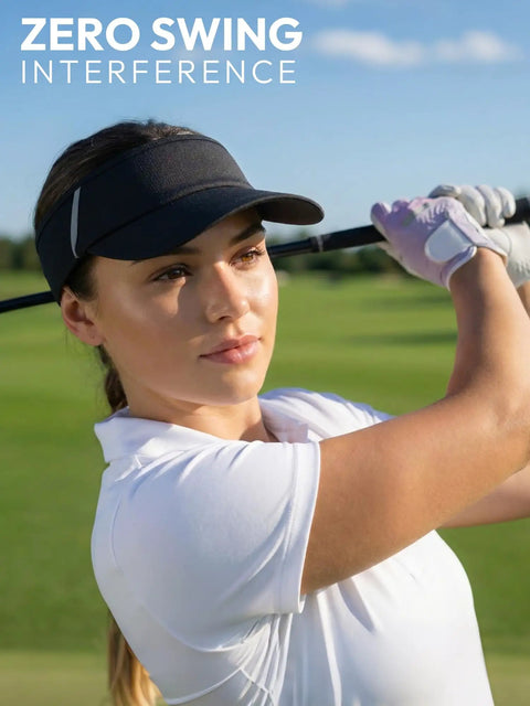 Woman playing golf wearing black sun visor hat for women and men, UV protection and breathable lightweight foldable outdoor headwear.