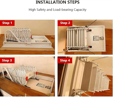 Installation steps of No Sweat Automatic Attic Pull Down Ladder With Rock Solid Telescopic Fold Design Heavy Duty Retractable Handrails And Remote Control For Quick Easy Loft Access 80X120 Cm.