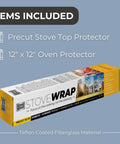 Packaging showing Stove Cover Protector And Oven Liner For Atwood Dometic Triangle 3 Burner Stoves Only Precut For Quick Cleanup