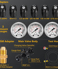 Hydraulic Nitrogen Accumulator Charging Kit with three pressure gauges, six couplings, and one gas hose displayed.