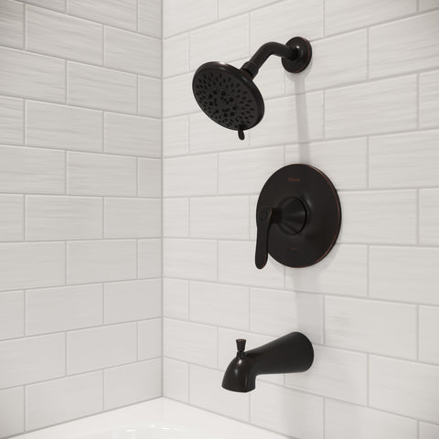 Five Spray Multi Function Shower Head With Single Handle Tub And Shower Trim Kit Tub Spout Tuscan Bronze Finish WaterSense Certified