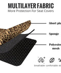 Leopard Cheetah Print Car Seat Covers Full Set fabric with short plush, sponge, polyester mesh layers highlighted.