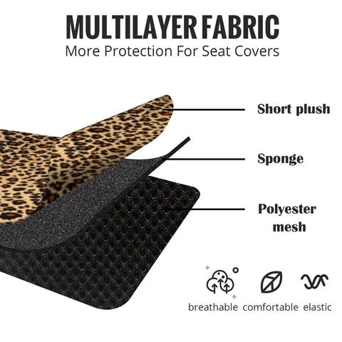 Leopard Cheetah Print Car Seat Covers Full Set fabric with short plush, sponge, polyester mesh layers highlighted.