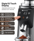 Premium 64Mm Titanium Flat Burr Coffee Grinder With 100 Precision Settings Solid Stainless Steel Body showing digital display and adjustable buttons.