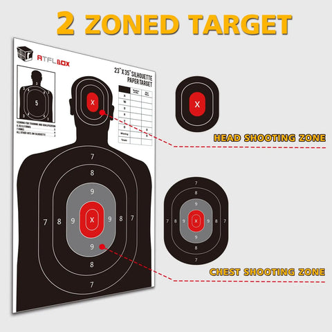 Silhouette Target Pack 23x35 Inch Paper Targets with head and torso zones for indoor outdoor range practice, two zoned design shown