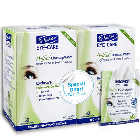 Dr. Fischer Eye-Care Purified Cleansing Wipes twin-pack boxes; rinse-free, preservative-free for hygienic eyelid care.