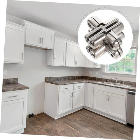 Close-up of 2pcs Operitacx zinc-alloy hidden cabinet hinges, thick design for doors; shown with white cabinets