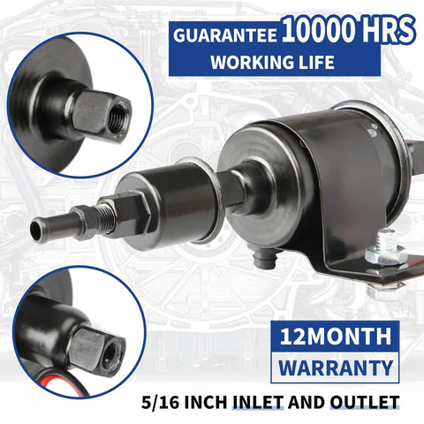 Universal Micro Inline Electric Fuel Pump 12V Low Pressure Five Sixteenths Inch Fittings Quiet Operation For Gasoline And Diesel Vehicles Wide Application E8012S Cross Reference Compatible, showing fittings and warranty.