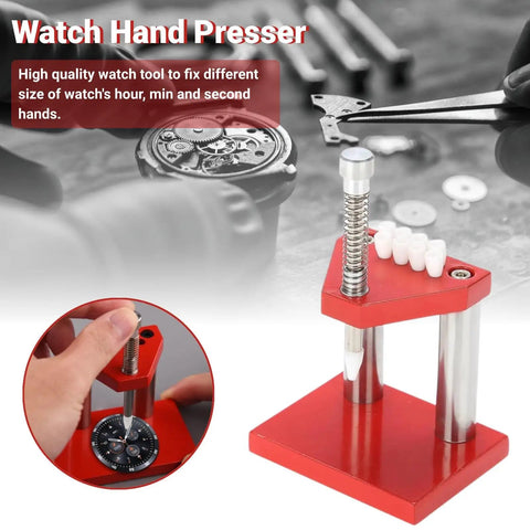 Pro Watch Repair Tool Kit With Hand Removal And Hand Press DIY Watchmaker Essentials for 40mm case, red dial, modern style.