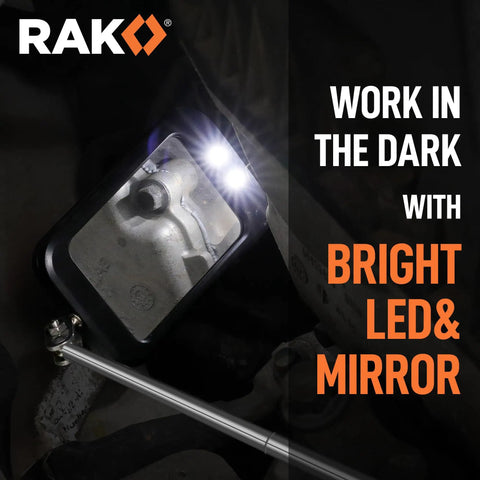 Must Have 5 Piece Magnetic Pickup Tool Set With 360 Swivel Mirrors Telescoping Magnet and LED Light in dark workspace