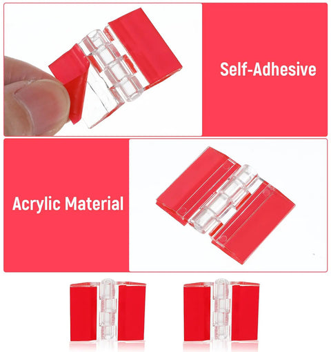 Dope Self Adhesive Clear Acrylic Hinges Pack of 16 for DIY Boxes and Display Stands, red transparent hinges shown