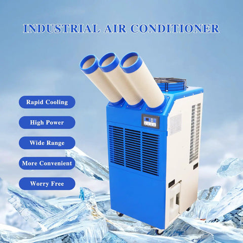 Heavy Duty 220V Industrial Air Conditioner Portable Spot Cooler With Three Adjustable Airflow Ducts And Smart Panel Controls For Shops Or Warehouses Chillin The Area Straight Up All Weekend Long, showing three ducts and digital panel.