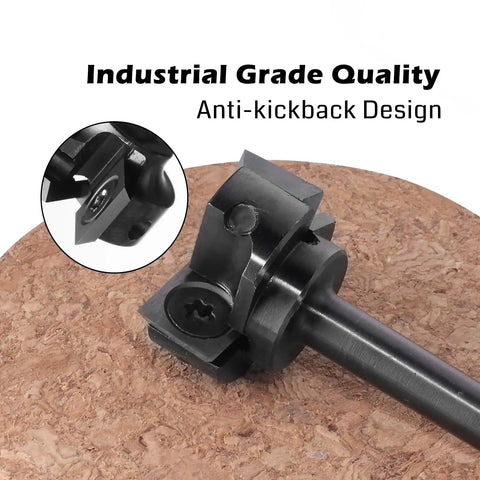Heavy Duty CNC Router Spoilboard Flattening Bit With Replaceable Carbide Insert Blades Quarter Inch Shank close-up showing anti-kickback design.