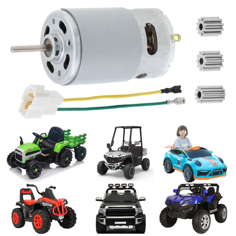 High Speed 24V DC Ride On Car Motor Upgrade with 18000 RPM replacement, three 10-tooth gear sets, wiring, kids cars shown