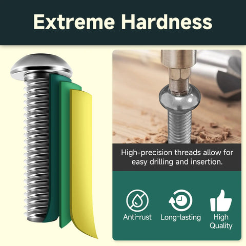 Close-up of 900 Piece Metric Screws And Bolts Set showing a hex socket button head screw being drilled, highlighting extreme hardness.